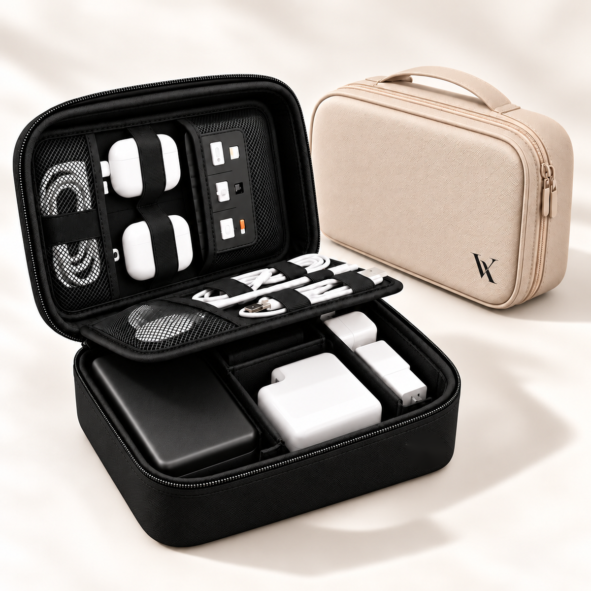 VEYI studio product photography — black and beige variants